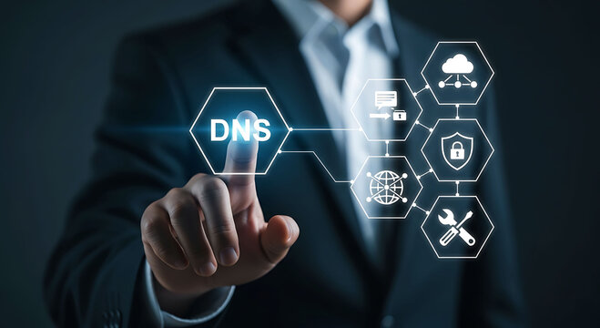 Businessman touching DNS network server domain name system technology icon on screen