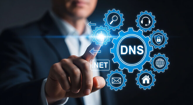 Businessman touching virtual screen with DNS network system concept for domain server