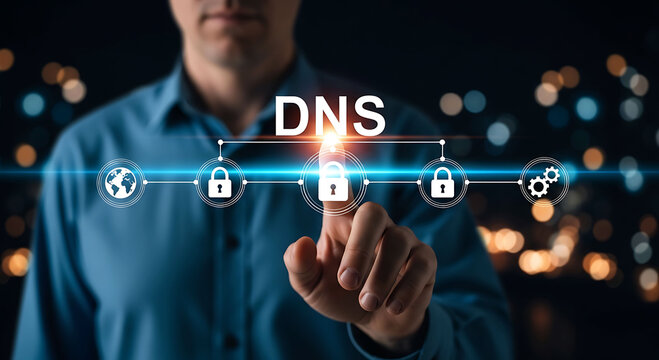 IT specialist touching secure DNS system server protection interface on screen