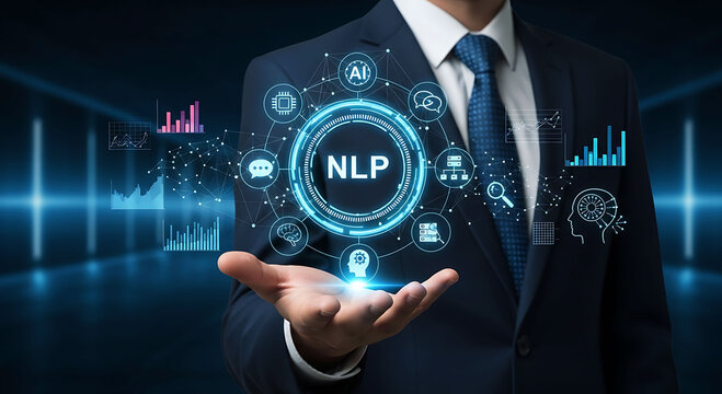 Businessman holding NLP natural language processing artificial intelligence technology concept
