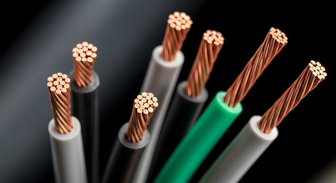 Macro view of stripped electrical power cables showing stranded copper wire