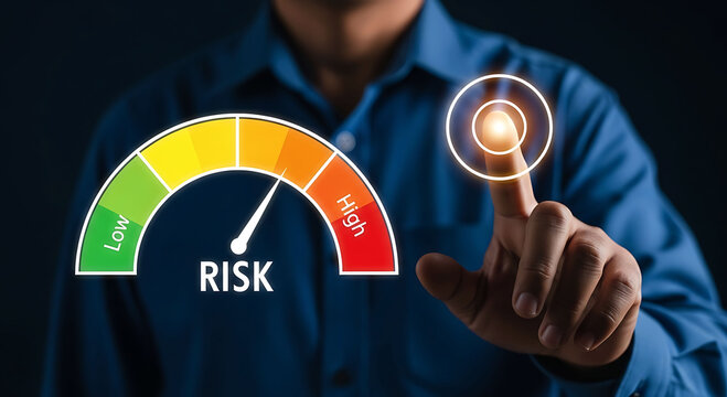 Risk management concept with businessman pointing at high risk meter assessment gauge