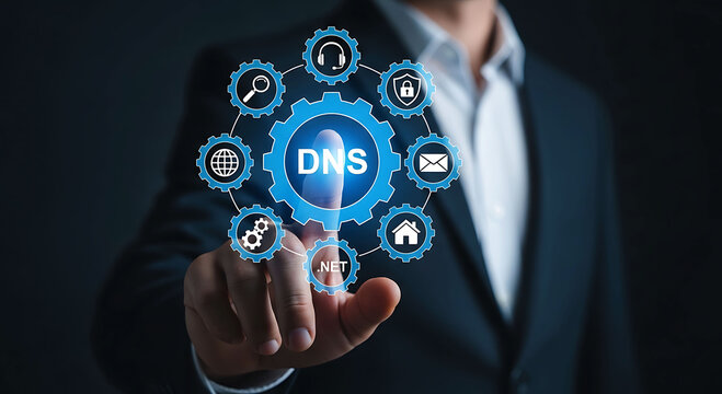 IT professional touching virtual DNS network icon security and internet concept