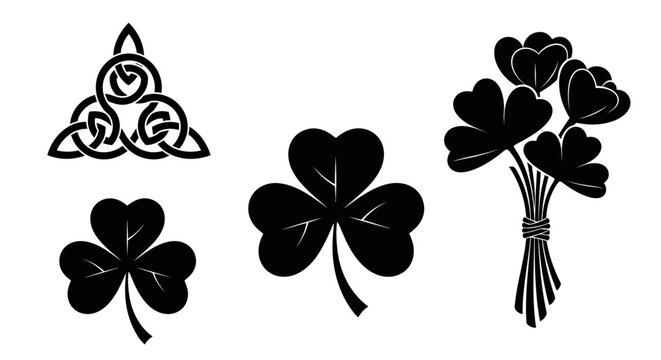 Black celtic knot design three leaf clovers and a bouquet of shamrocks for st patrick's day irish symbols luck celebration and cultural heritage in silhouette style