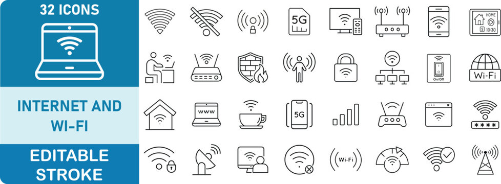 Internet and Wi-Fi Line Icon Set. Contains icons related to wireless internet, Wi-Fi connectivity, 5G network, router, hotspot,  digital communication and more. Editable stroke. Vector illustration.