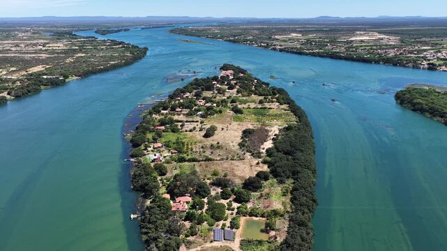 Sao Francisco River In Petrolina In Pernambuco Brazil. Nature Landscape. Rodeadouro And Massangano Island. Northeast River Skyline. Sao Francisco River In Petrolina Pernambuco. Riverside Vegetation.