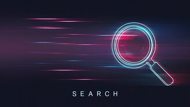 Digital search icon with glowing magnifying glass and data technology concept