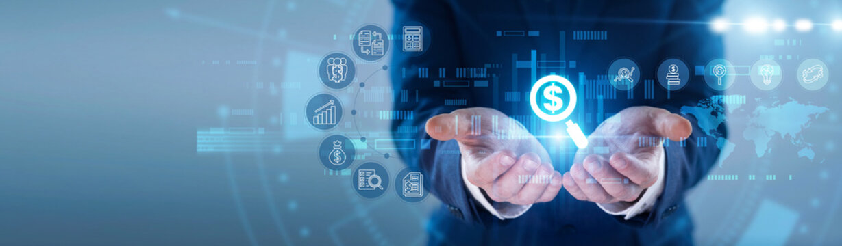 Auditor hands hold glowing AUDIT icon. Accountant verifying corporate financial records, inspecting compliance data on futuristic virtual screen interface. Concept of transparency and review.
