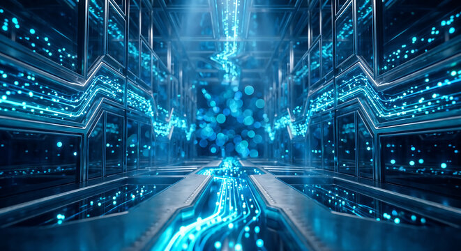 Symmetrical Low Angle Modern Futuristic Corridor with Data Floor Pathways