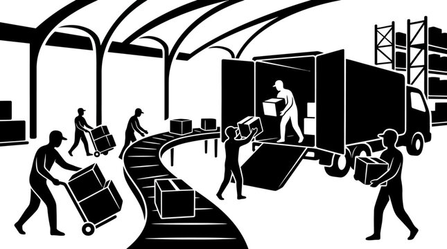 black silhouette warehouse workers unloading boxes from a truck onto a conveyor belt and into storage
