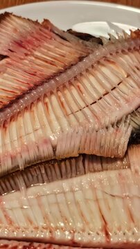 Detailed view of fish fillets showcasing the intricate bone structure, ideal for culinary or educational content.