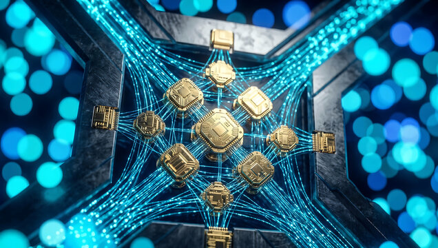 Symmetrical Modern Futuristic Cyber Nexus Hub diagonal macro composition