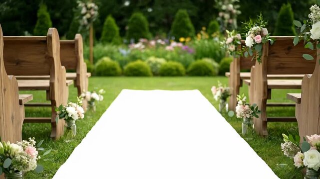 An elegant outdoor wedding aisle awaits the ceremony. Wooden benches and floral arrangements adorn the lush green setting.