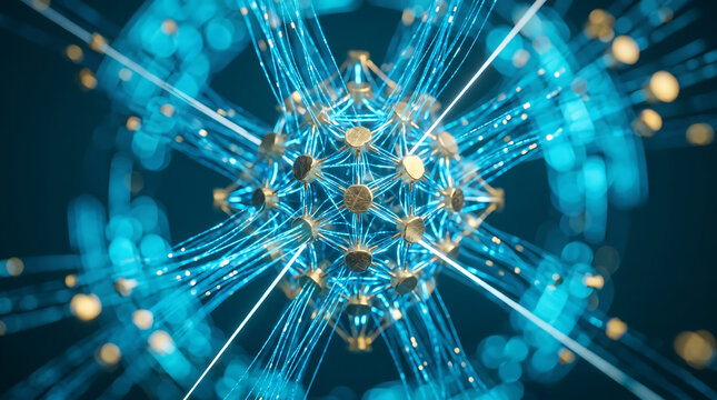 Symmetrical Modern Futuristic Quantum Computing Nexus Hub with Blue Data Grid