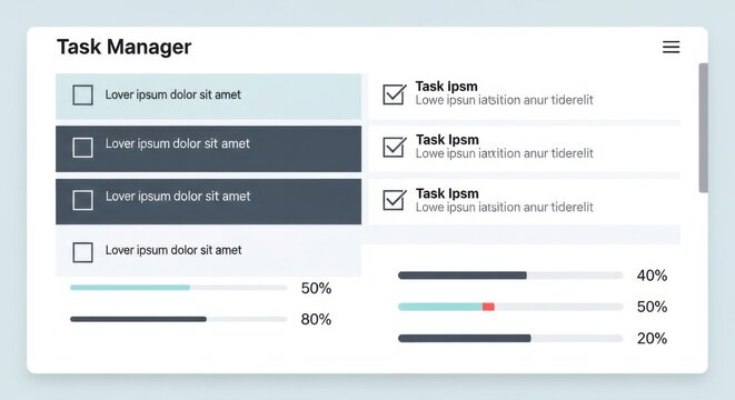 Task manager list with checkboxes and progress bars.