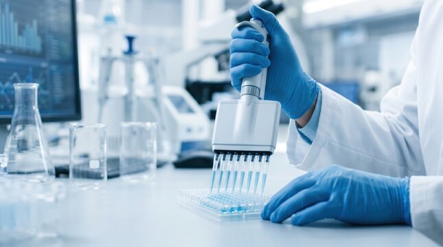 Scientist using multichannel pipette to transfer liquid into microplate, medical research laboratory experiment, biotechnology and pharmaceutical development