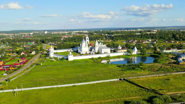 Pereslavl-Zalessky, Russia. Nikitsky Monastery - Monastery of the Pereslavl Diocese of the Russian Orthodox Church. Drone footage, Departure of the camera