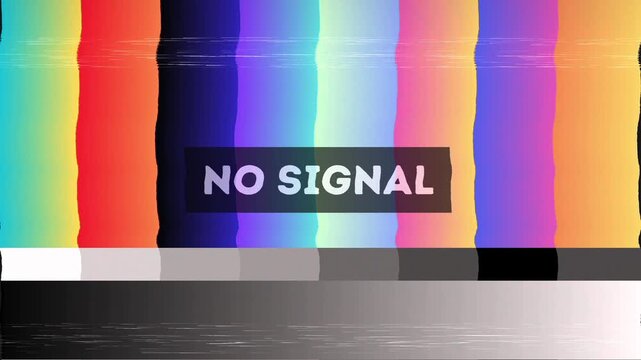 Vibrant test pattern display with 'NO SIGNAL' text, signifying a broadcast interruption or technical fault in vintage television programming