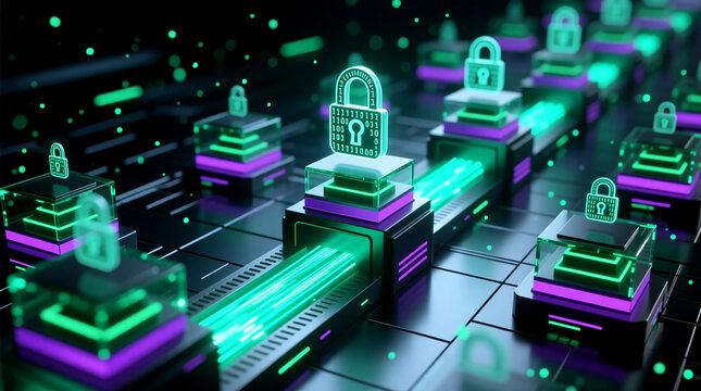 Visualizing advanced digital security system this isometric 3D network on dark floor with glowing data flow and binary code shows zero trust cybersecurity