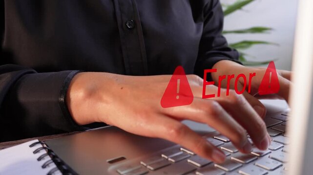 Woman typing on a computer with an "Error" animation and two warning signs