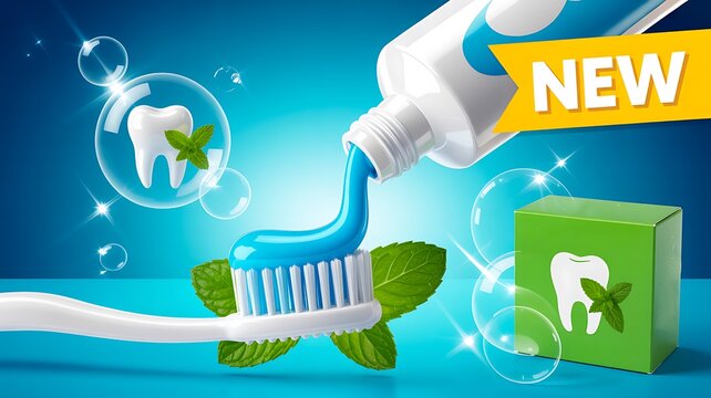 Toothpaste tube with toothbrush and mint fresh oral care concept