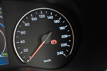 Fototapeta premium Speedometer display in a car vehicle interior dashboard view technology concept