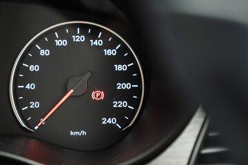 Fototapeta premium Car interior close-up digital speedometer gauge display in automotive concept environment