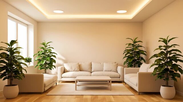 This video shows an empty room transforming into a modern living space. Furniture and plants create a cozy, inviting home interior.