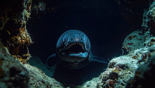 Evasive Moray Eel With Jaws Slightly Parted Peeking From a Rocky Crevice in Dark Ocean Depths