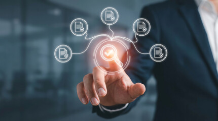 Obraz premium Digital document management system, businessman touching virtual interface for file validation, electronic data storage and compliance concept