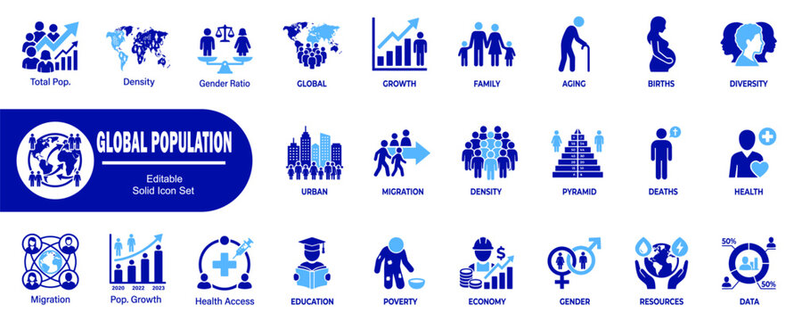 Comprehensive collection of global population icons. Designed for data visualization covering demographic growth and trends.