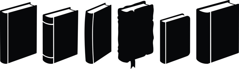 Silhouette set of books, upright and stacked, decorative icons, library knowledge resources, education literature study design, academic illustration pack © Habiba