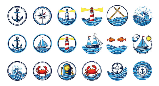 comprehensive set of circular nautical icons including anchors, sailboats, lighthouses, waves, and crabs in a consistent blue style.
