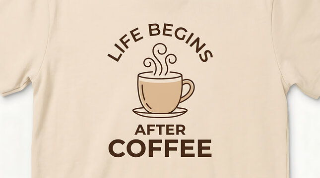 T shirt with coffee cup design and 'life begins after coffee' text on beige background