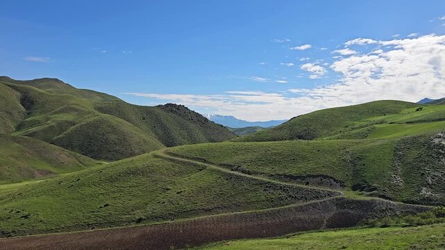 Rolling green hills under bright blue sky with soft white clouds, winding paths, and peaceful spring countryside scenery.
📍 Marivan, Kurdistan, Iran 
