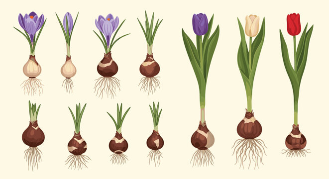 Collection of various flower bulbs with roots and sprouted stems includes tulips and crocuses in different vivid colors.