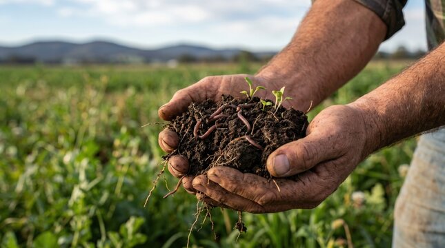 Farmer hands holding rich organic soil with earthworms and seedlings, sustainable agriculture concept