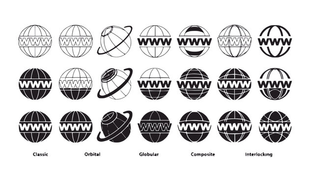 World Wide Web Globe Icons Set: Classic, Orbital, Globular, Composite, Interlocking