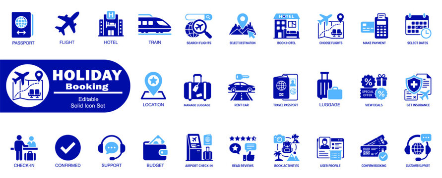 Holiday booking editable solid icon set. Featuring travel, vacation, and tourism graphic design, digital apps, and websites.