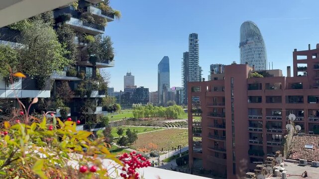 Panoramic cityscape of modern Milan featuring Bosco Verticale, futuristic skyscrapers, and urban green spaces under clear blue sky