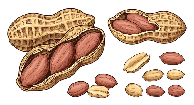 Vintage style engraved illustration of whole peanuts in shells and shelled kernels isolated on a plain white background for design.
