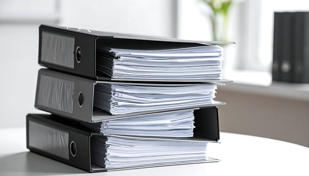 Stack of three black binders full of paper on white table
