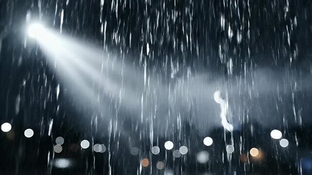 Close Up of Heavy Rain Falling Under a Bright Light Beam with Bokeh Background and Dark Atmosphere