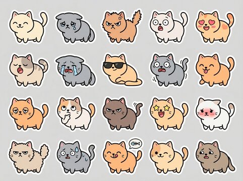 Cute full body cat sticker set with various emotions