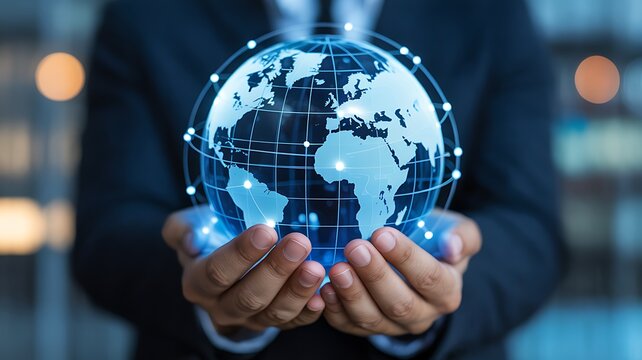 Global network visualization held in hands, digital technology concept
