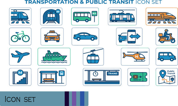 Print Transportation and Public Transit Icon Set - Professional Colorful Vector Outlines for Urban Mobility Apps City Navigation and Modern Travel Infographics