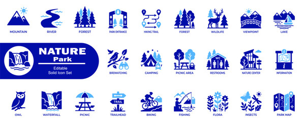 Nature park icons set. Environmental themes and outdoor activities flat vector illustration. © icons.point
