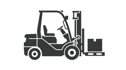 Fototapeta premium Black silhouette forklift truck carrying a heavy cardboard box on a wooden pallet for transport