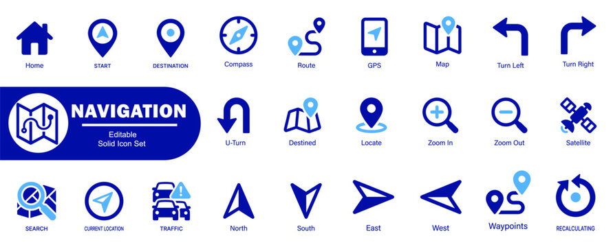 Navigation user interface icons. Featuring of mobile applications featuring location pins map markers routes and directional arrows set.