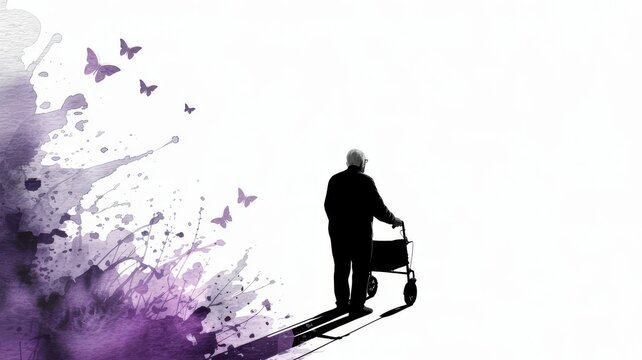 Silhouette of an elderly man with a walker and purple watercolor splashes isolated on white background